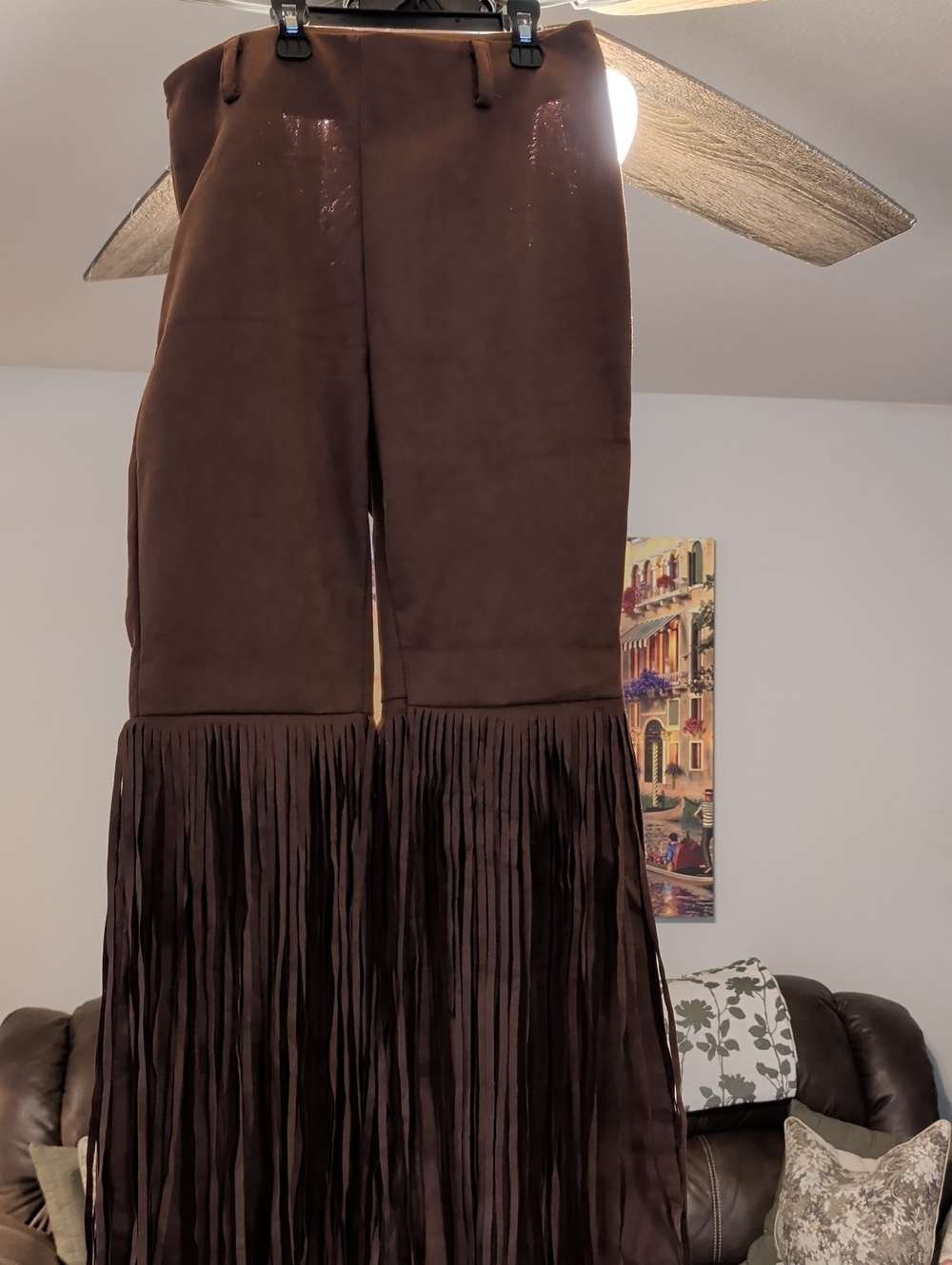 Women’s Brown Fringe Maxi Pants - High-Waist Suede-Feel